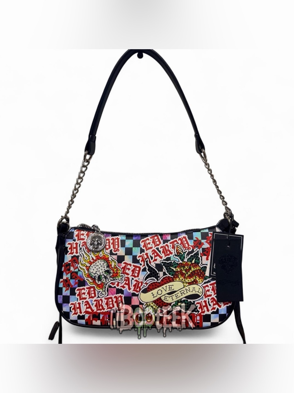 Ed Hardy Multi Logo Checkered Shoulder Bag w Rhinestone Detail NEW VIRAL Y2K